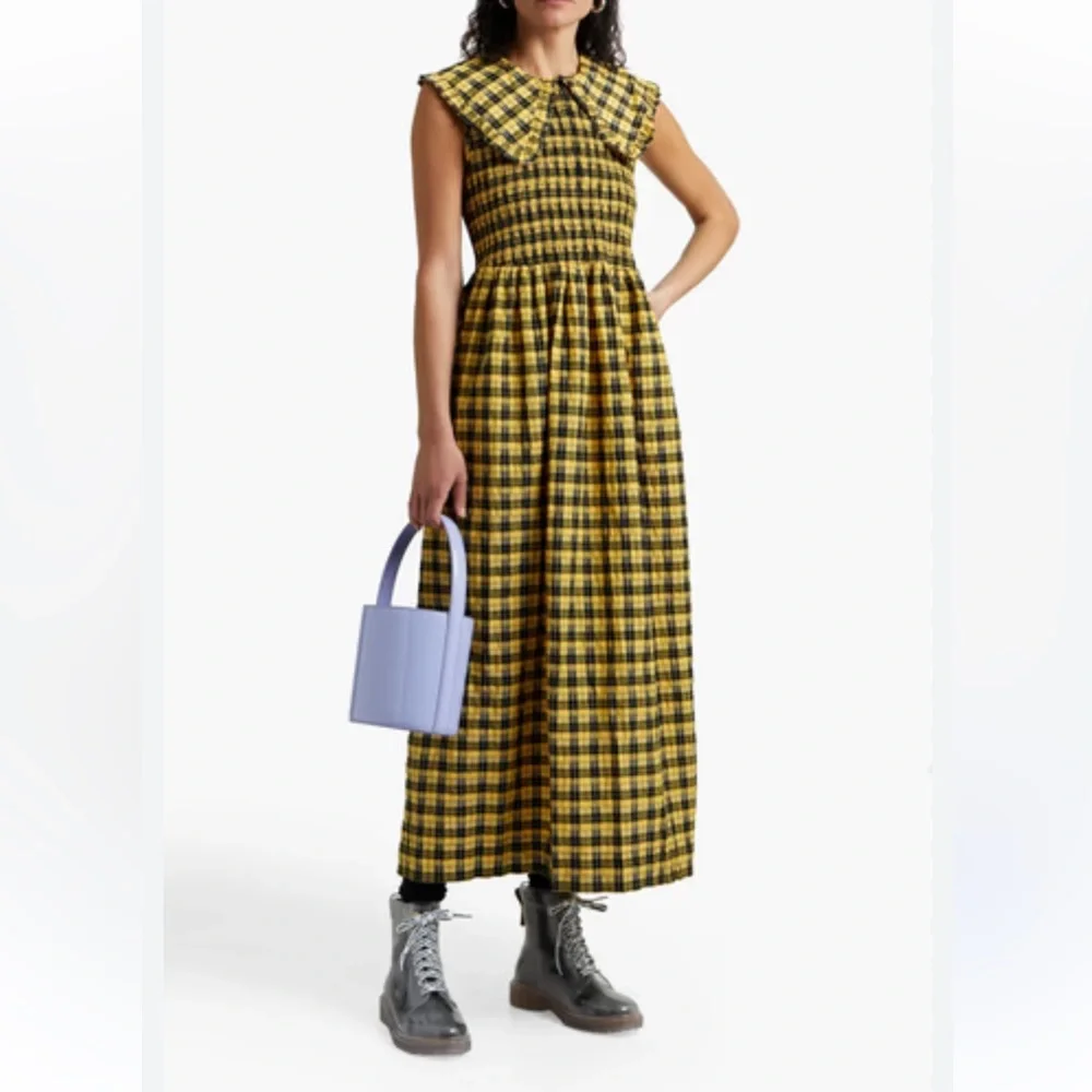 GANNI Collared Plaid Shirred Gingham Seersucker Yellow Maxi Midi Dress 36/ US 6 - Picture 1 of 8